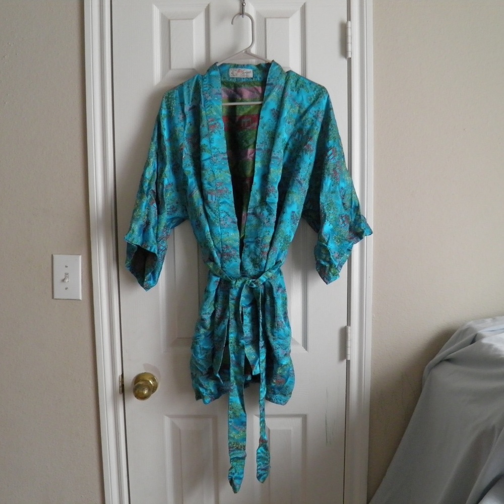 Vintage Teal Silk Kimono Robe